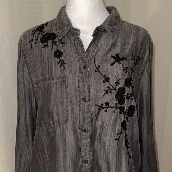 beachlunchlounge L Lyocell Gray Black Embroidered Button Down Casual Shirt - Picture 5 of 14